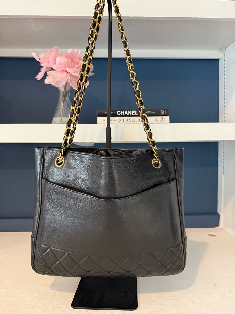 CHANEL Black Quilted Leather Shoulder Bag with Gold Chain Straps